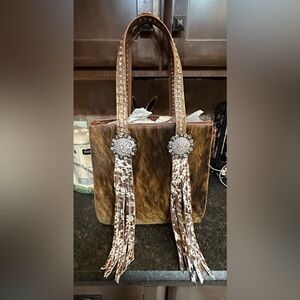 Raviani Brown and Tan CowhideTote with Fringe And Croc Embossed On The Back